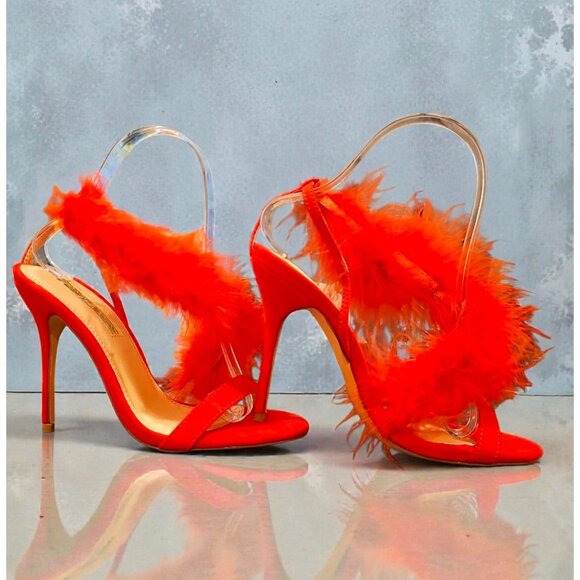 Shoes - Bright Red Feathered High Heel Stiletto Open Toe Sandals With Dramatic Plume Acc